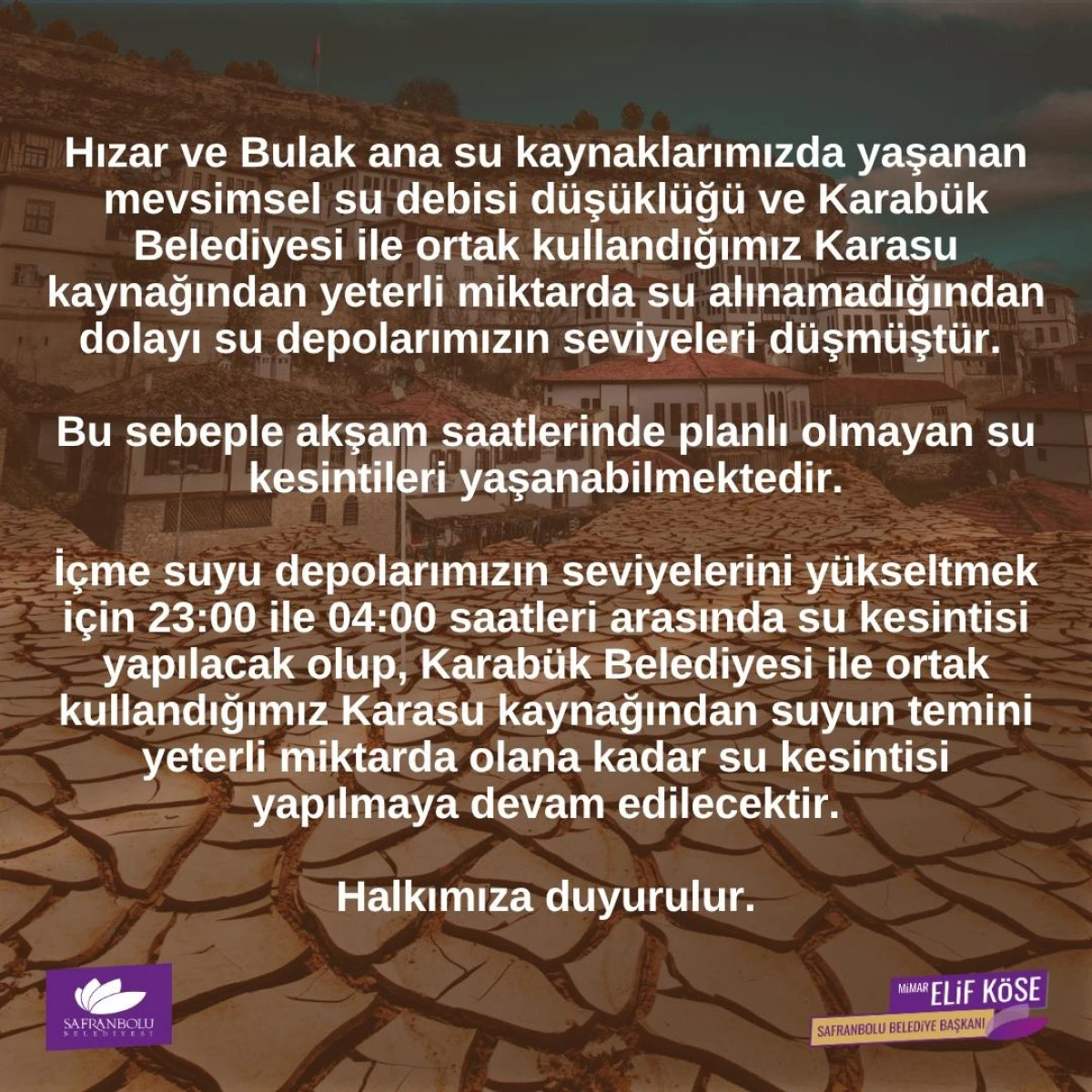 Safranbolu'da Su Kesintisi Uygulanacak